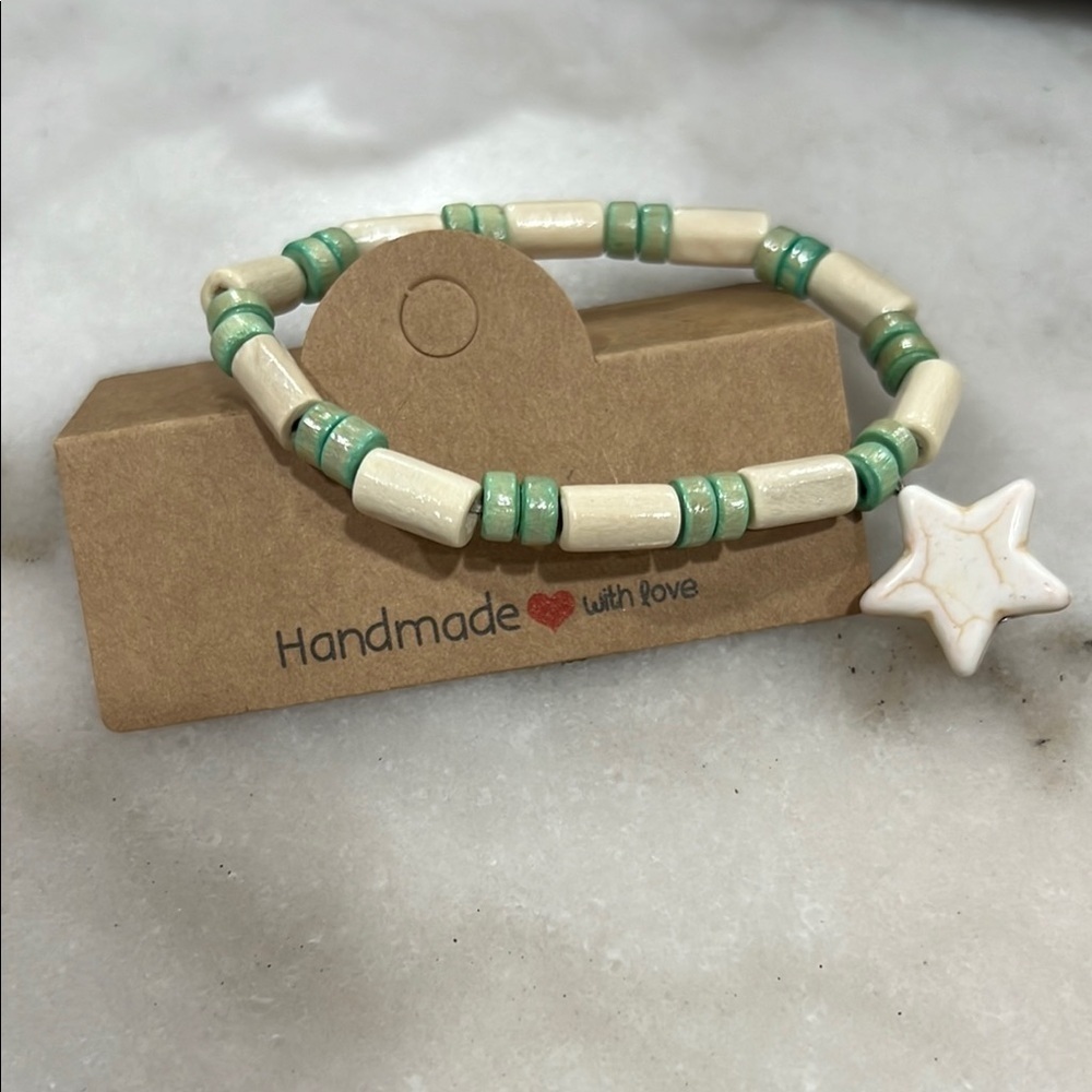 Handmade Wagnerite Star Charm Bracelet - Mint Green and Cream Wood